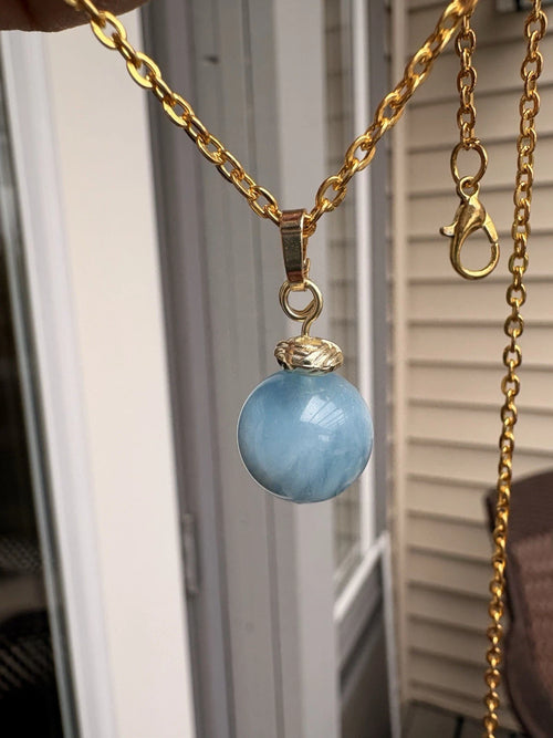 Genuine Aquamarine Gold Necklace. Blue gemstone pendant. Handmade jewelry.