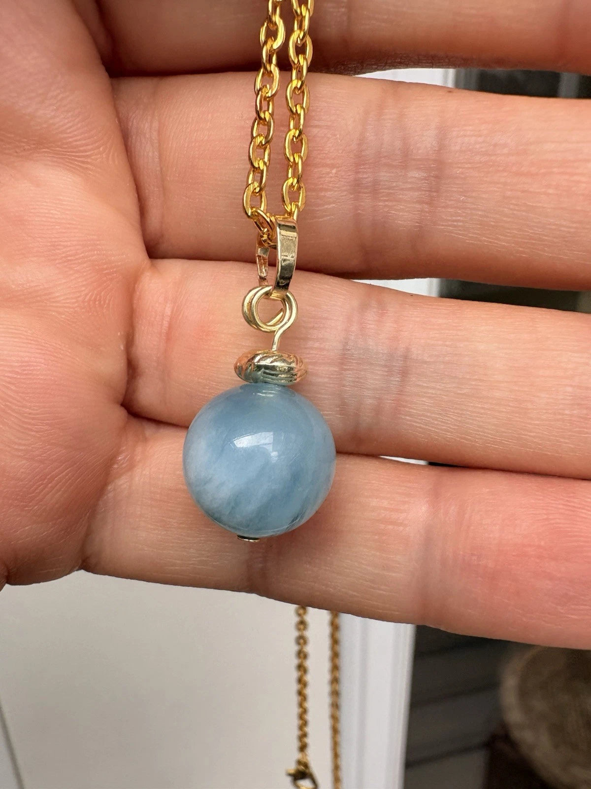 Genuine Aquamarine Gold Necklace. Blue gemstone pendant. Handmade jewelry.